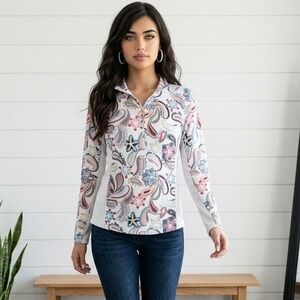 San Soleil Half Zip Sun Shirt White Floral Paisley UPF 50 Athleisure Women's S